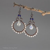 Moonstone Antiqued Patina Copper Hoop Dangle Earrings
