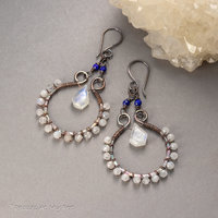 Moonstone Antiqued Patina Copper Hoop Dangle Earrings
