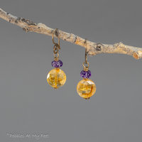 Amethyst and Citrine Gemstone Beaded Earrings in Antiqued Brass