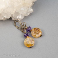 Amethyst and Citrine Gemstone Beaded Earrings in Antiqued Brass