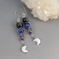 Crescent Moon Dangle Earrings with Night Sky Color Gemstones