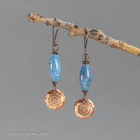 Blue Stone Dangle Earrings with Handcrafted Copper Sunflower Charms