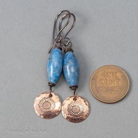 Blue Stone Dangle Earrings with Handcrafted Copper Sunflower Charms