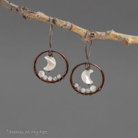 Hand Forged Copper Hoop Dangle Earrings with Mother of Pearl Crescent Moons