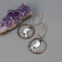 Hand Forged Copper Hoop Dangle Earrings with Mother of Pearl Crescent Moons