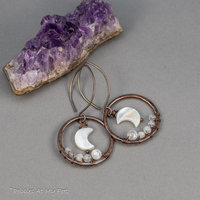 Hand Forged Copper Hoop Dangle Earrings with Mother of Pearl Crescent Moons
