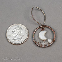 Hand Forged Copper Hoop Dangle Earrings with Mother of Pearl Crescent Moons