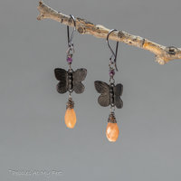 Peach Moonstone Dangle Earrings with Black Brass Butterflies and Purple Rubies