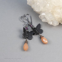 Peach Moonstone Dangle Earrings with Black Brass Butterflies and Purple Rubies
