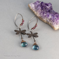 Mixed Metal Dragonfly Earrings with Garnet and Fluorite Gemstones