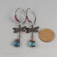 Mixed Metal Dragonfly Earrings with Garnet and Fluorite Gemstones