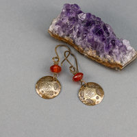 Orange Carnelian and Vintage Gold Brass Earrings for Fall Season