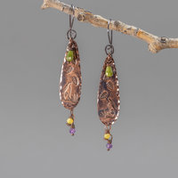 Copper Earrings with Handcrafted Nature Scene, Autumn Cottagecore Earrings