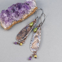 Copper Earrings with Handcrafted Nature Scene, Autumn Cottagecore Earrings