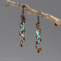 Reserved/Pending: Twisted Copper Ribbon Earrings with Western Star and Moon Design and Turquoise Stones