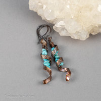 Reserved/Pending: Twisted Copper Ribbon Earrings with Western Star and Moon Design and Turquoise Stones