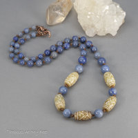 Blue Aventurine and Carved Onyx Necklace, Knotted Linen Cord Necklace