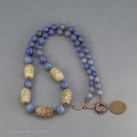 Blue Aventurine and Carved Onyx Necklace, Knotted Linen Cord Necklace