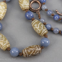 Blue Aventurine and Carved Onyx Necklace, Knotted Linen Cord Necklace