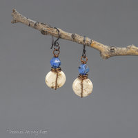 Off-White and Blue Natural Stone Earrings in Copper