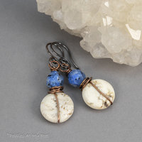 Off-White and Blue Natural Stone Earrings in Copper