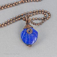 Carved Lapis Pendant Necklace Handmade in Copper