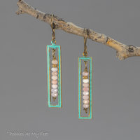 Art Deco Style Geometric Earrings, Pink Opal and Brass 