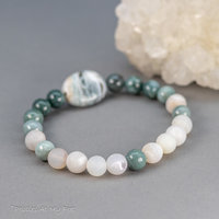 Green Natural Stone Stretch Bracelet with Frosted Quartz, Ocean Jasper, and Jade