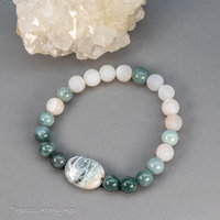 Green Natural Stone Stretch Bracelet with Frosted Quartz, Ocean Jasper, and Jade