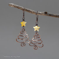 Copper Wire Work Christmas Tree Earrings with Mother of Pearl Star