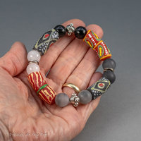 African Glass Bead Bracelet in Red, White, Gray, and Black