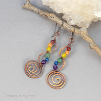 Copper Wire Work Earrings with Natural Stones in Rainbow Colors