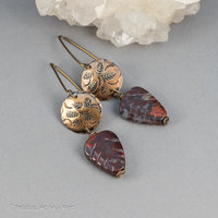 Dark Red Poppy Jasper Leaf Earrings with Handcrafted Brass Charms
