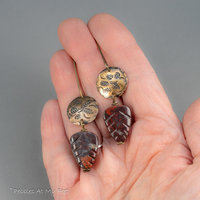Dark Red Poppy Jasper Leaf Earrings with Handcrafted Brass Charms