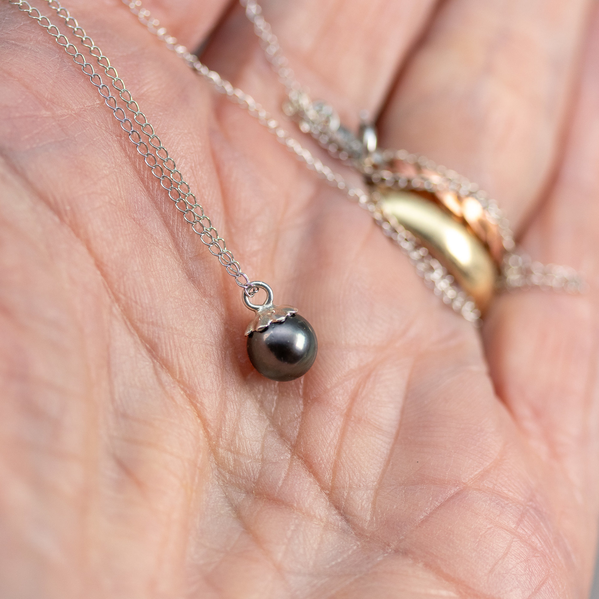 Minimalist Black Pearl Necklace, Barely There Pearl Necklace in Sterling Silver