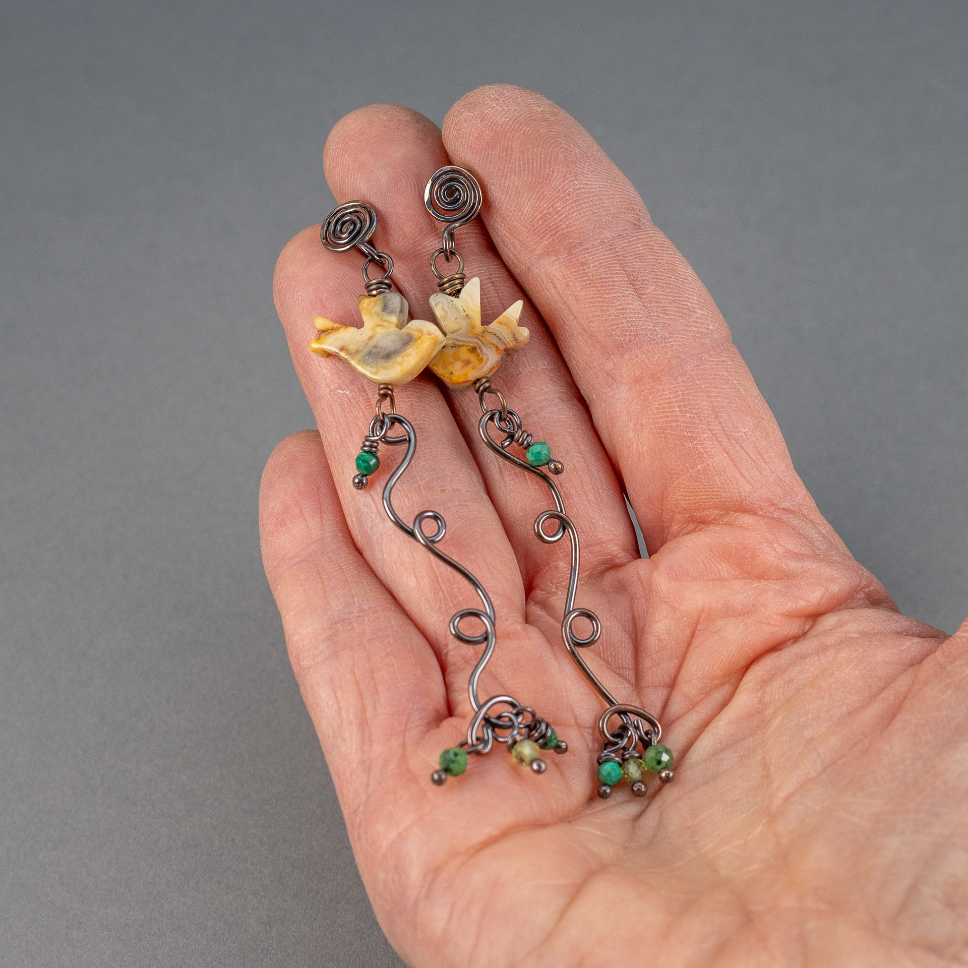 Agate Bird Dangle Earrings in Organic, Rustic Art Nouveau Style