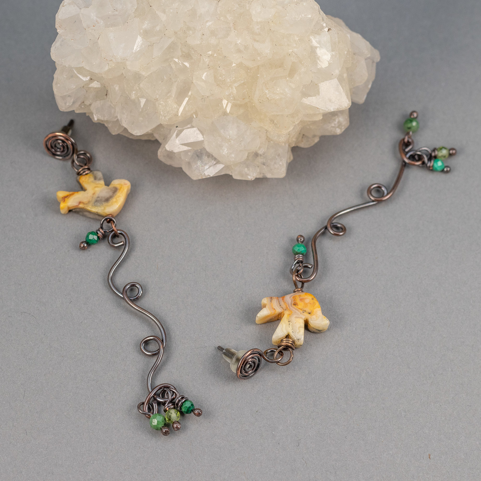 Agate Bird Dangle Earrings in Organic, Rustic Art Nouveau Style