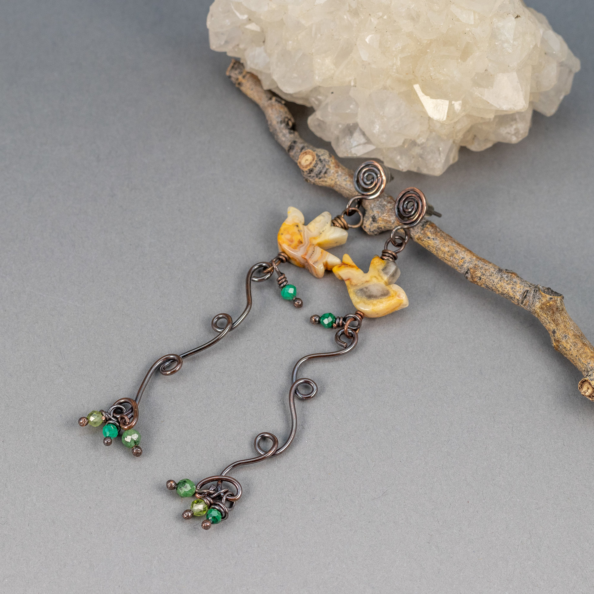 Agate Bird Dangle Earrings in Organic, Rustic Art Nouveau Style