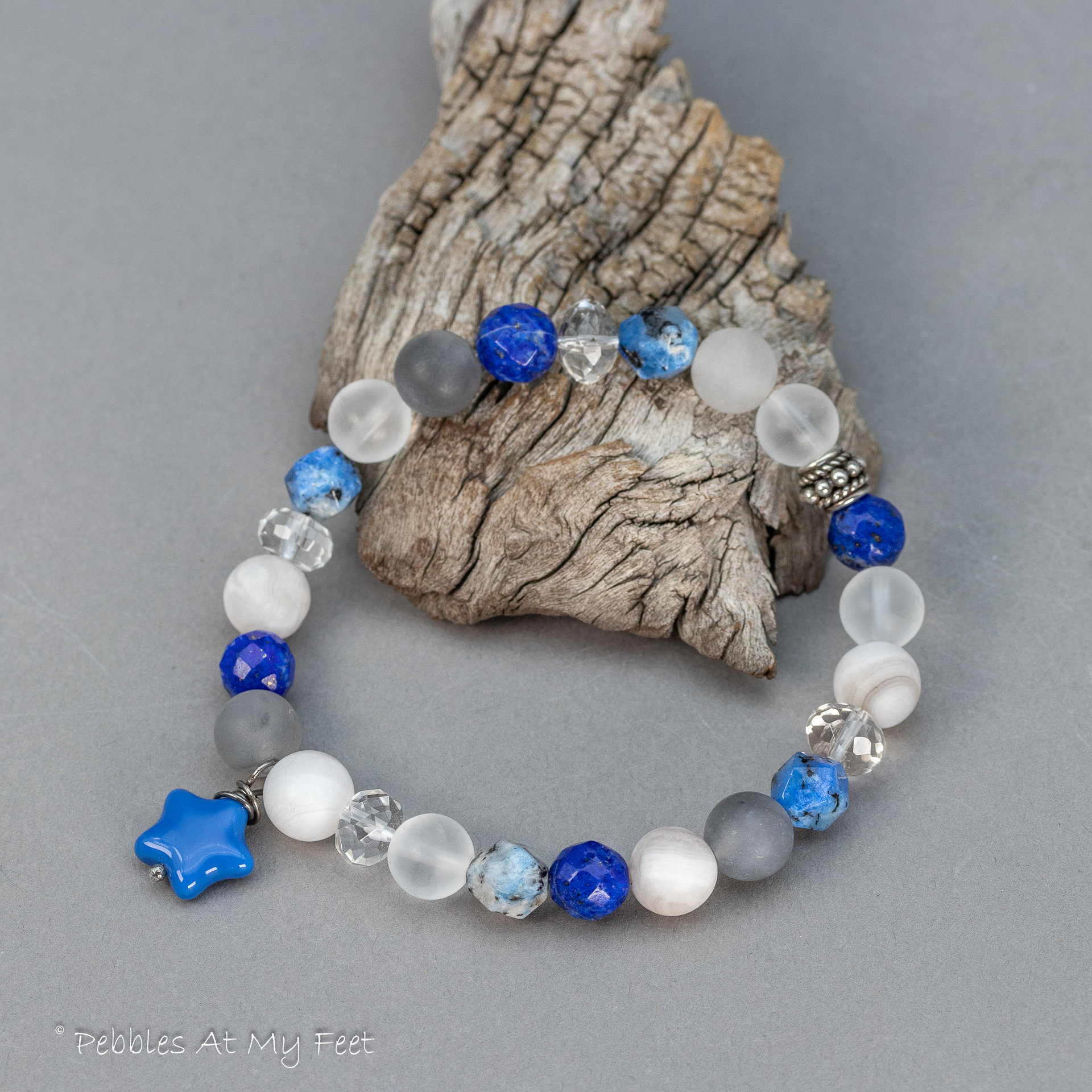 Quartz Lapis and K2 Stone Beaded Bracelet with a Celestial Theme