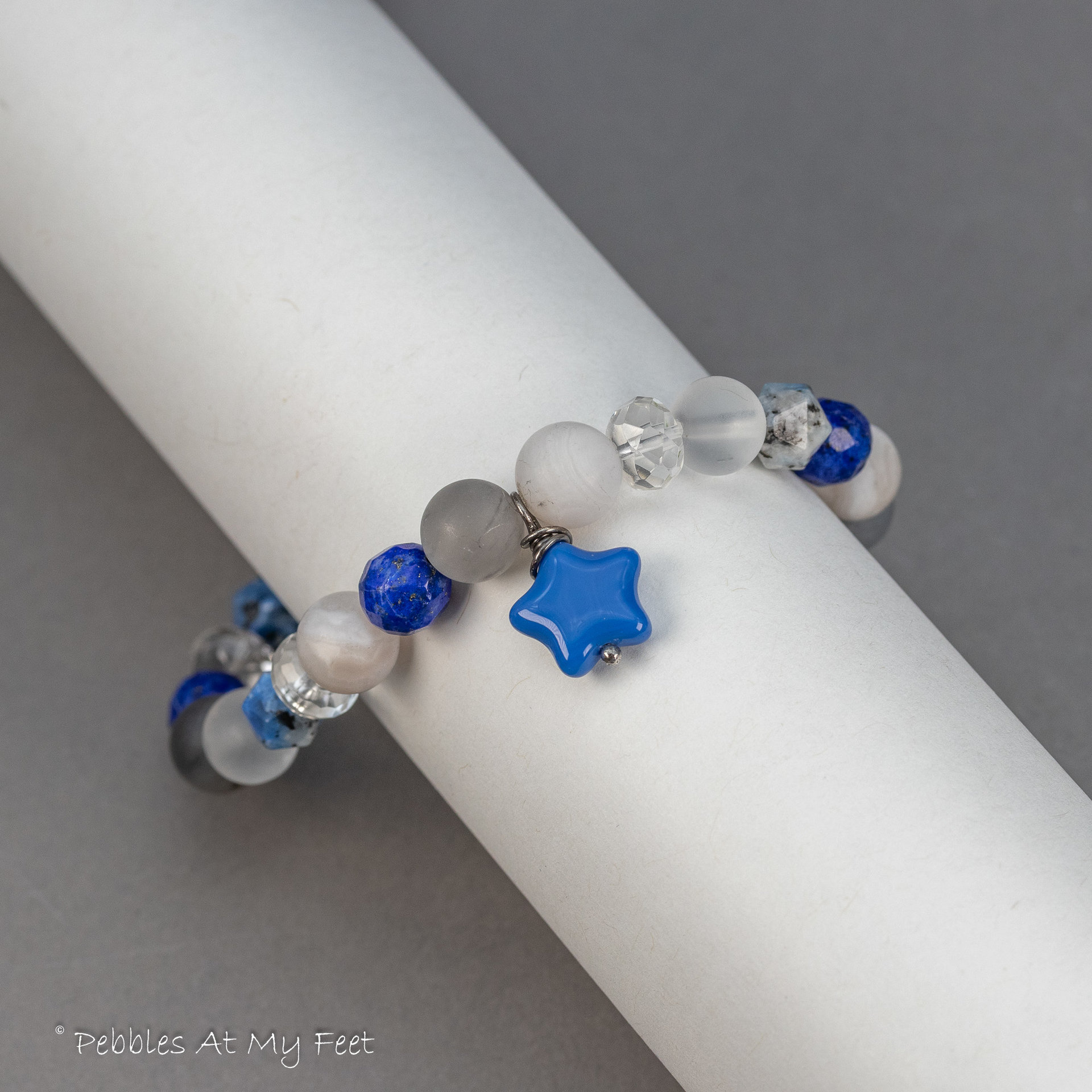 Quartz Lapis and K2 Stone Beaded Bracelet with a Celestial Theme