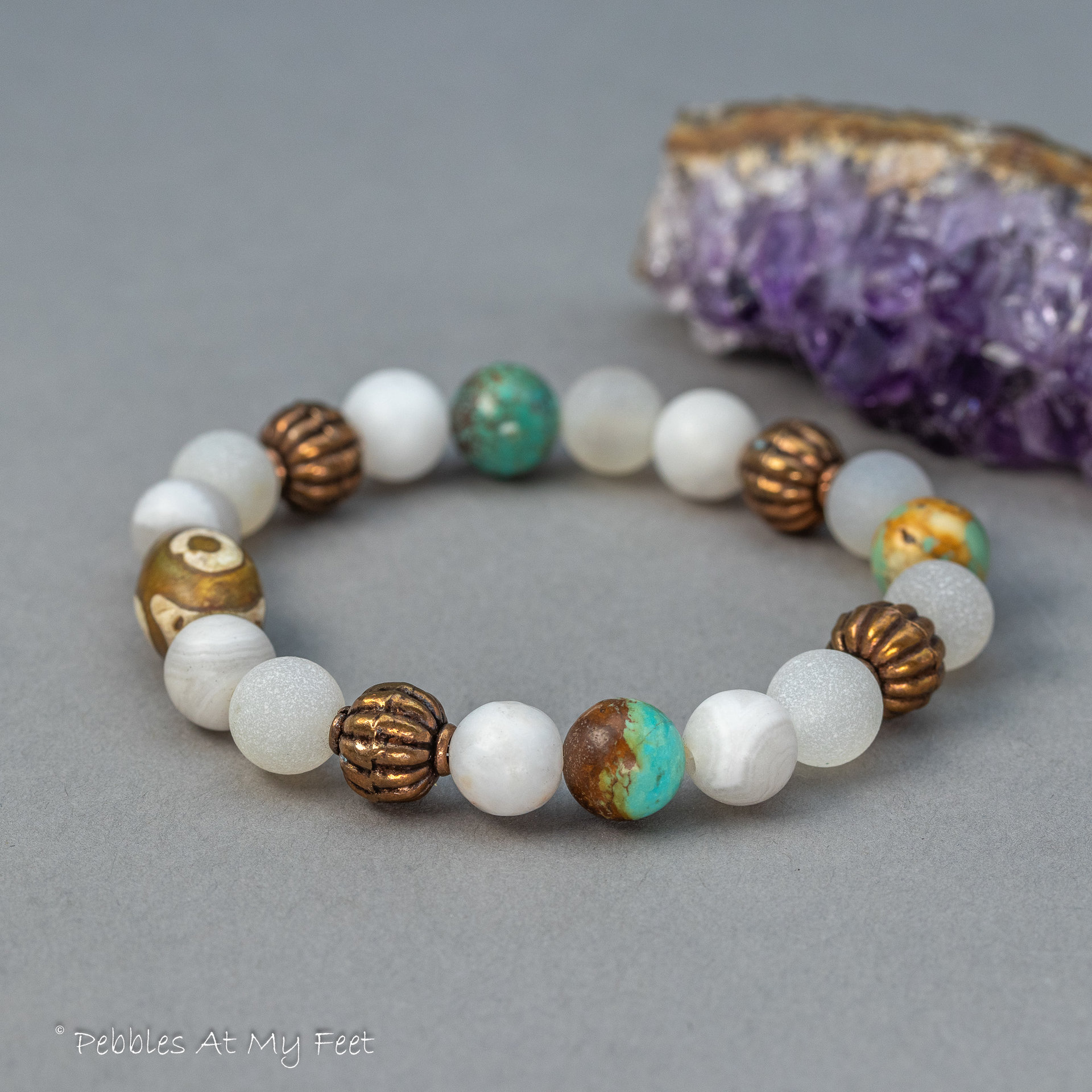 Natural Gemstone Stretch Bracelet with Agate Turquoise and Copper