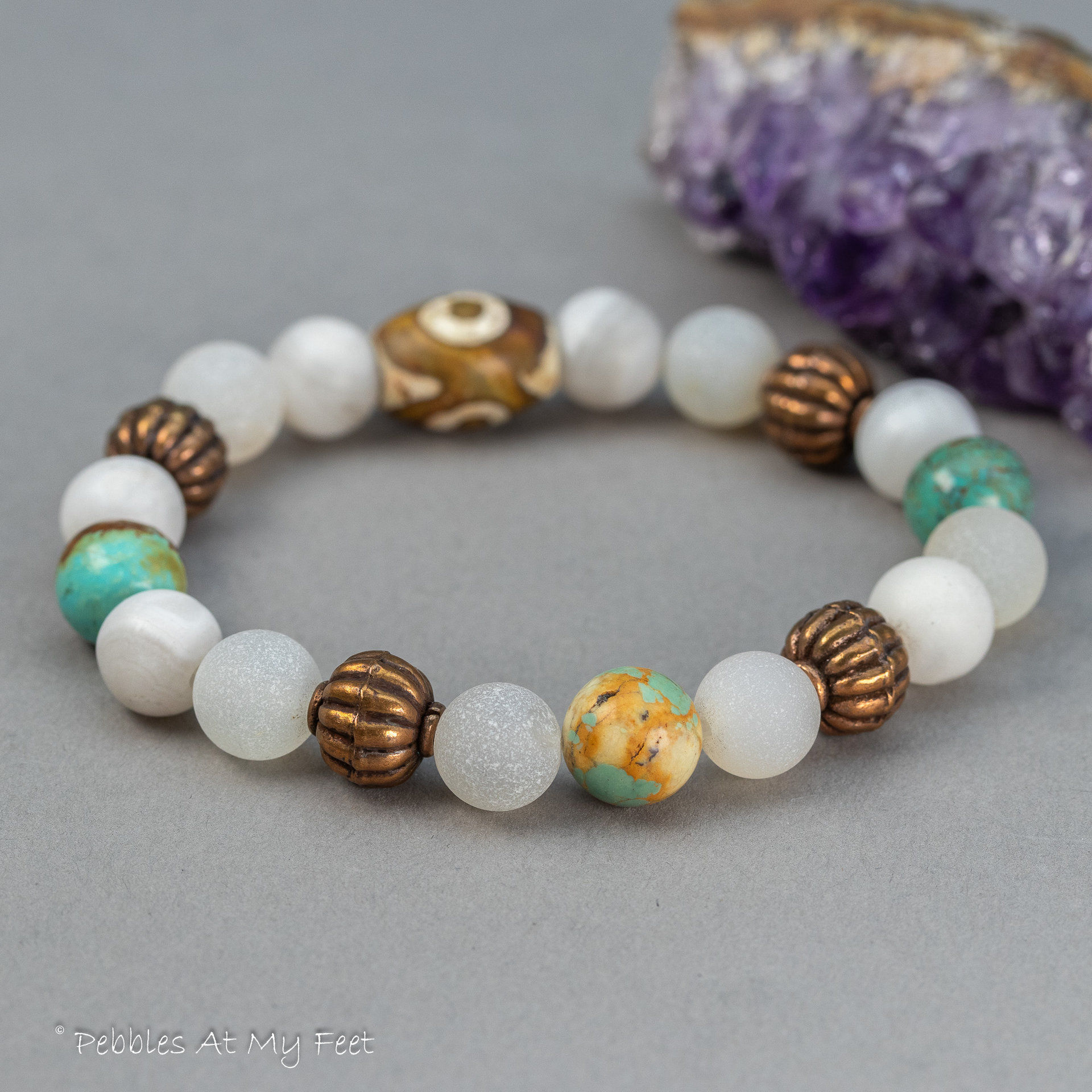 Natural Gemstone Stretch Bracelet with Agate Turquoise and Copper