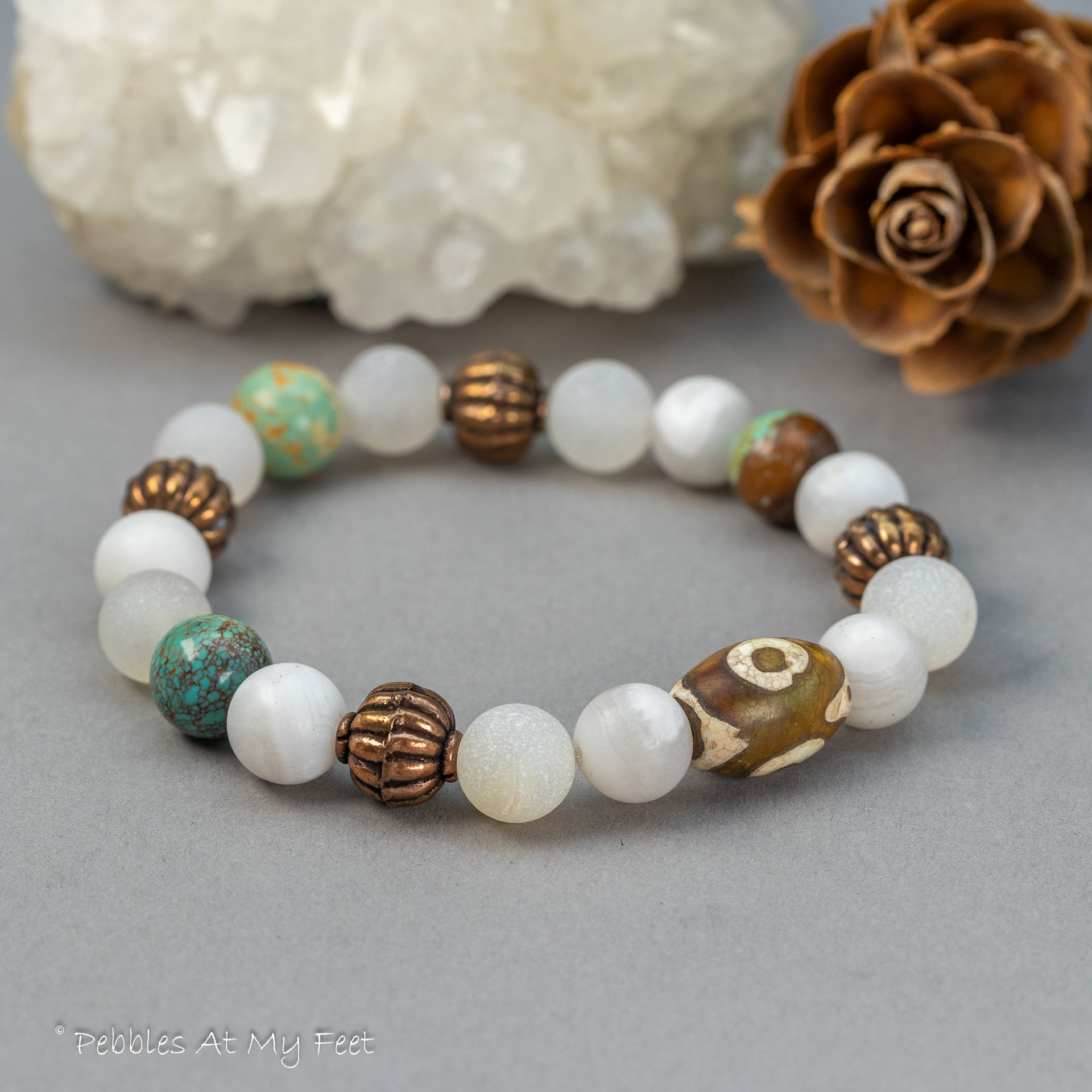 Natural Gemstone Stretch Bracelet with Agate Turquoise and Copper