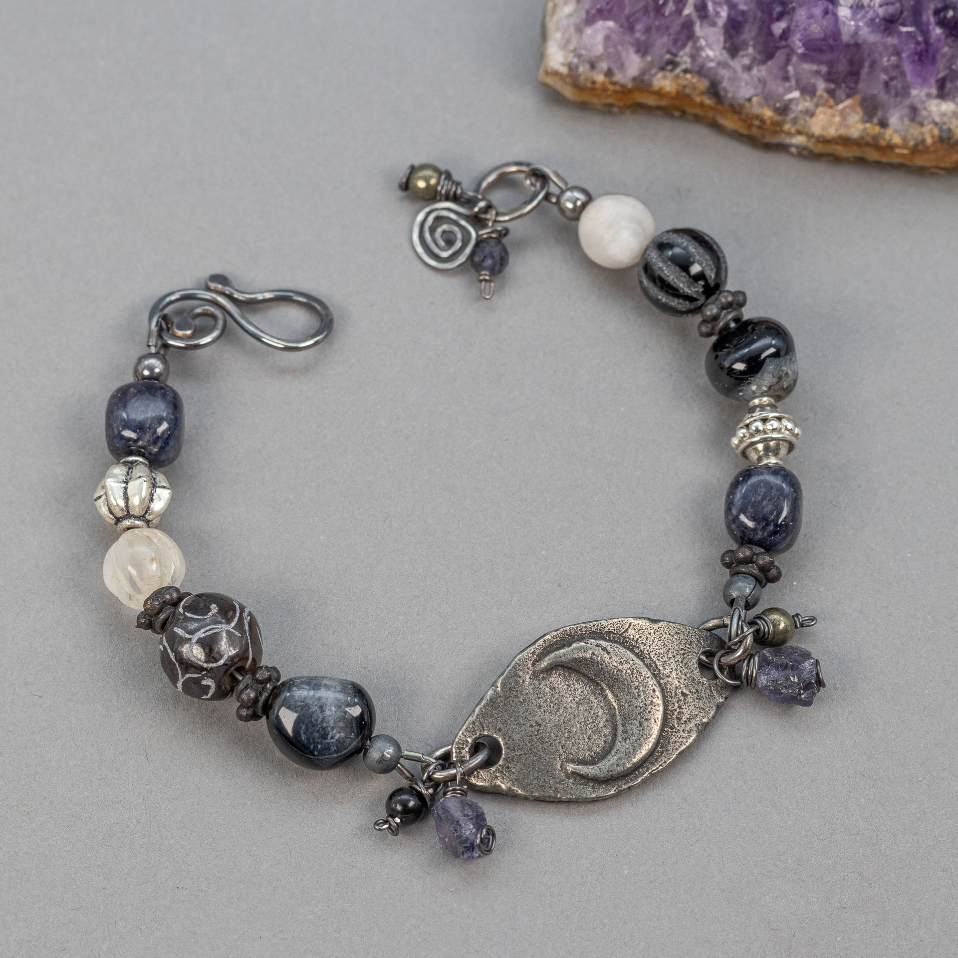 Crescent Moon Bracelet with Black Blue and Gray Gemstones