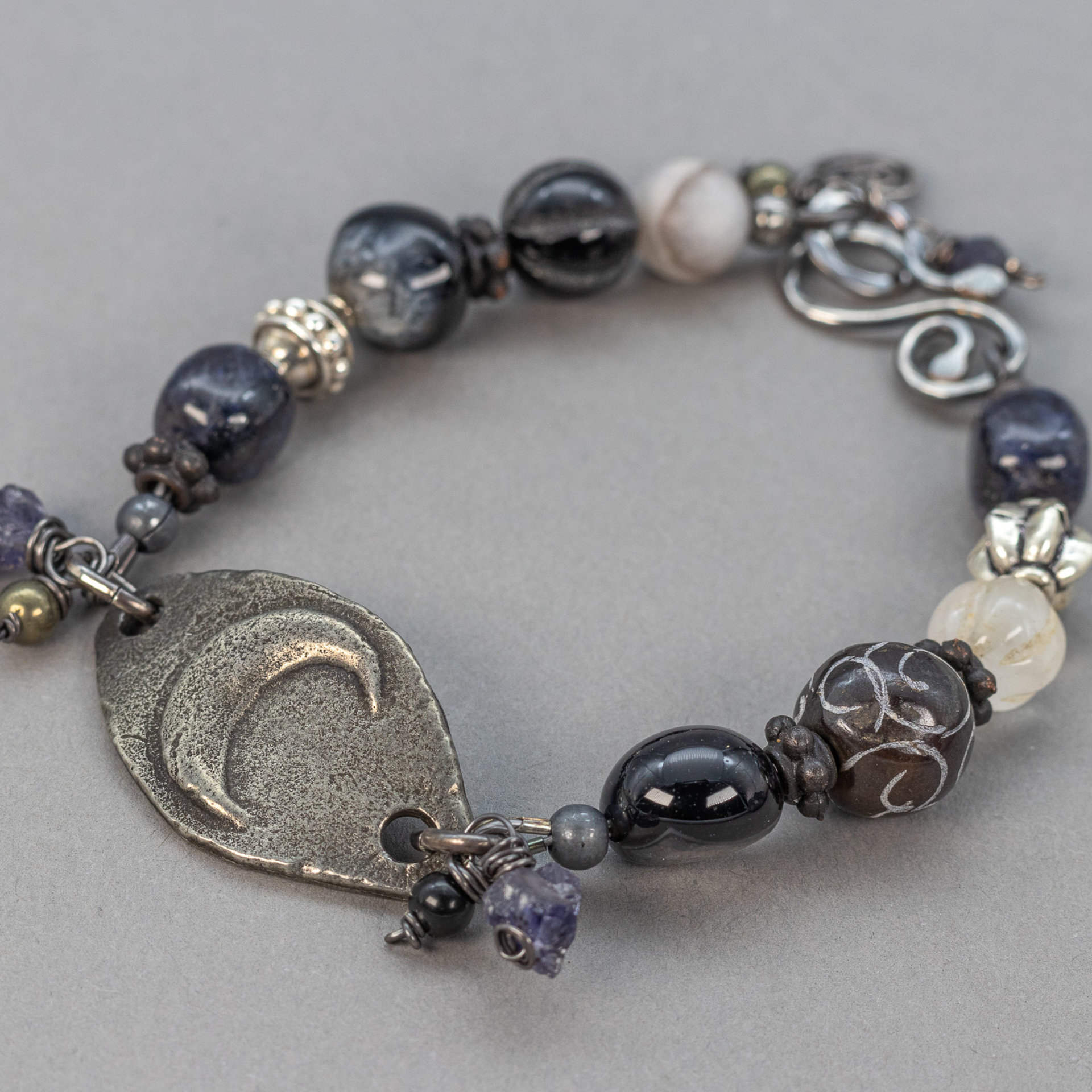 Crescent Moon Bracelet with Black Blue and Gray Gemstones