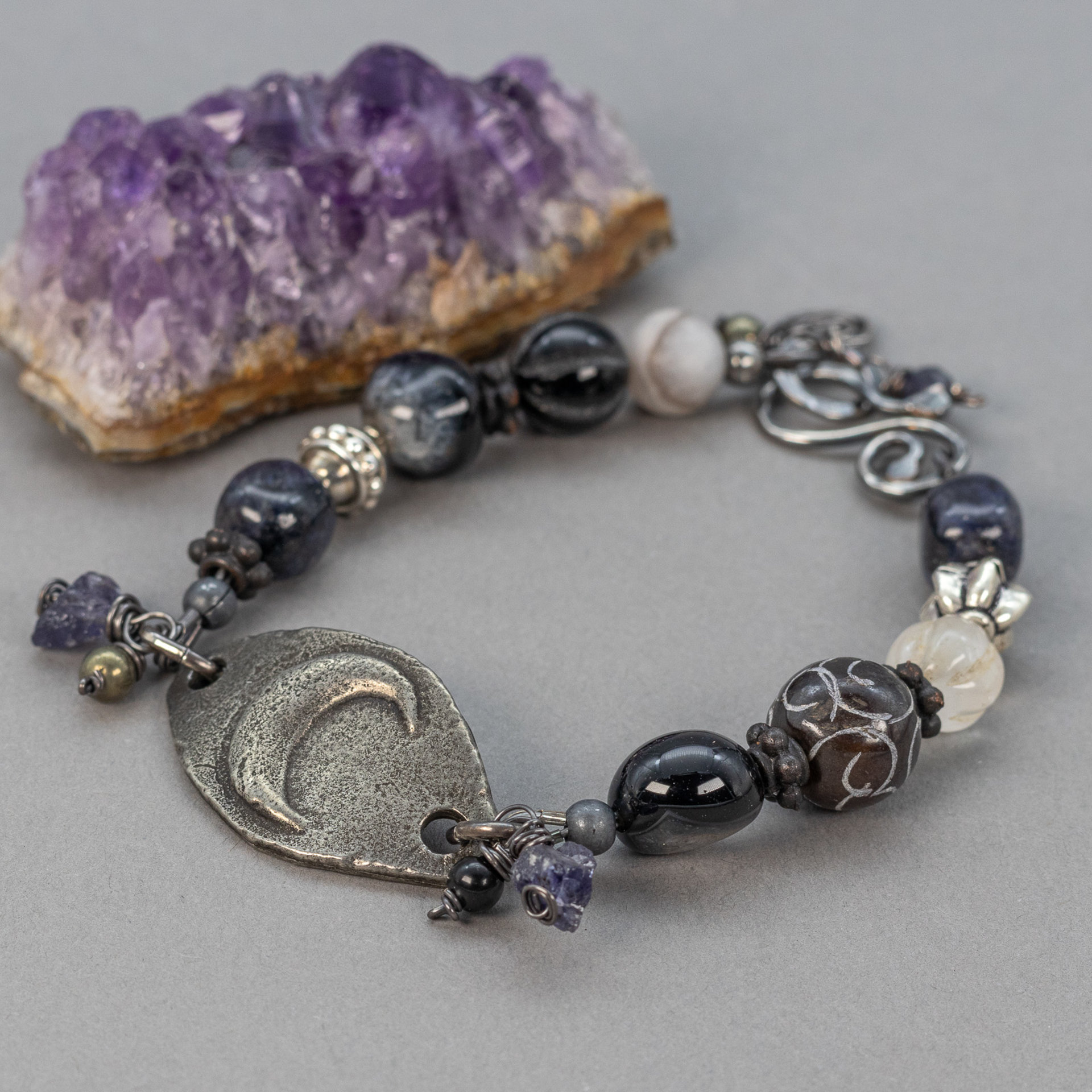 Crescent Moon Bracelet with Black Blue and Gray Gemstones