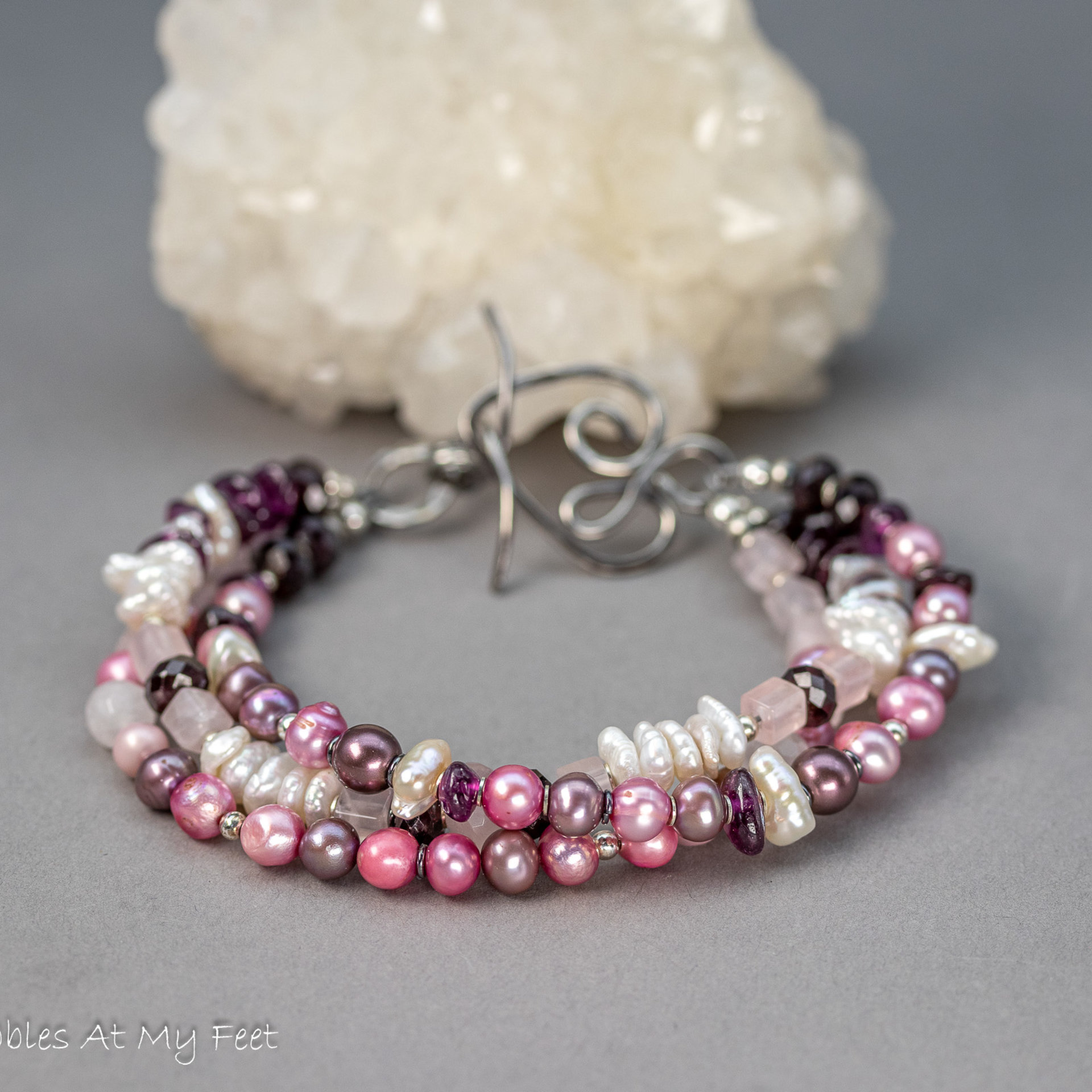 Pink Pearl and Gemstone Three-Strand Bracelet, Rose Quartz Garnet and Pearl Bracelet