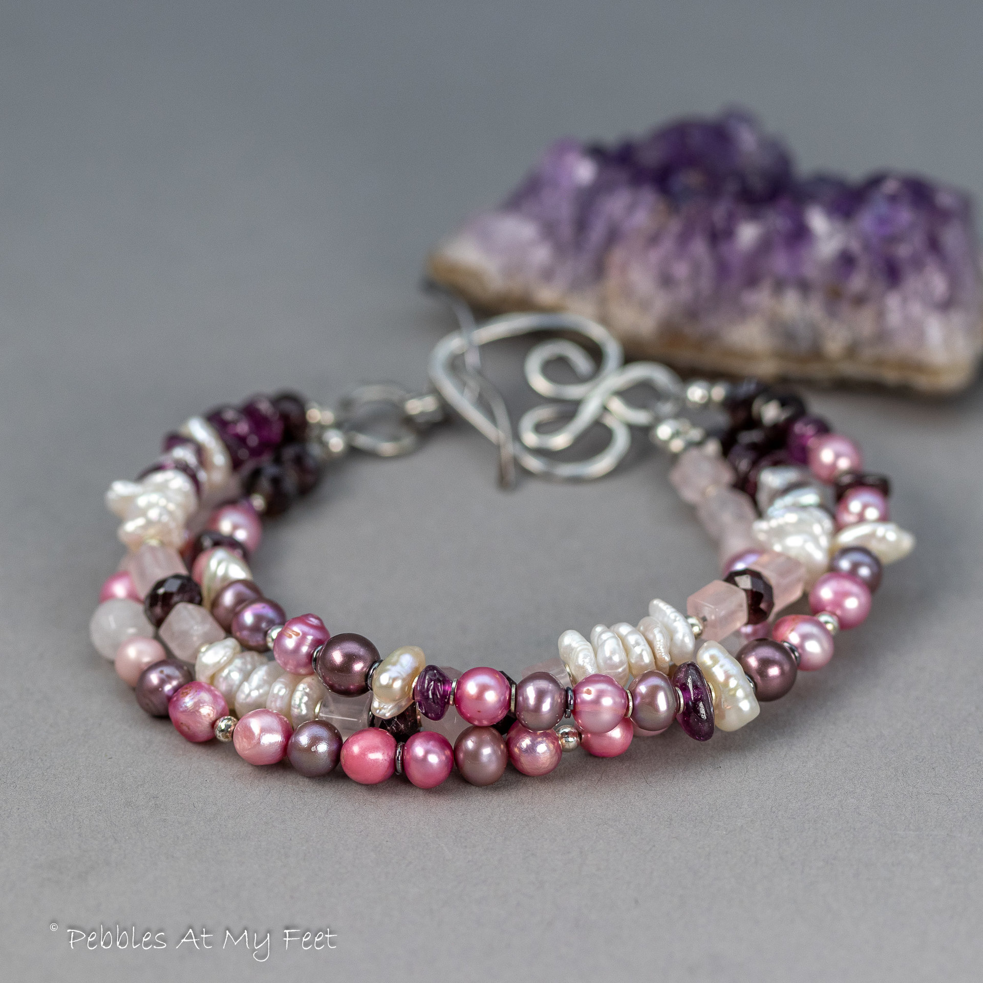 Pink Pearl and Gemstone Three-Strand Bracelet, Rose Quartz Garnet and Pearl Bracelet