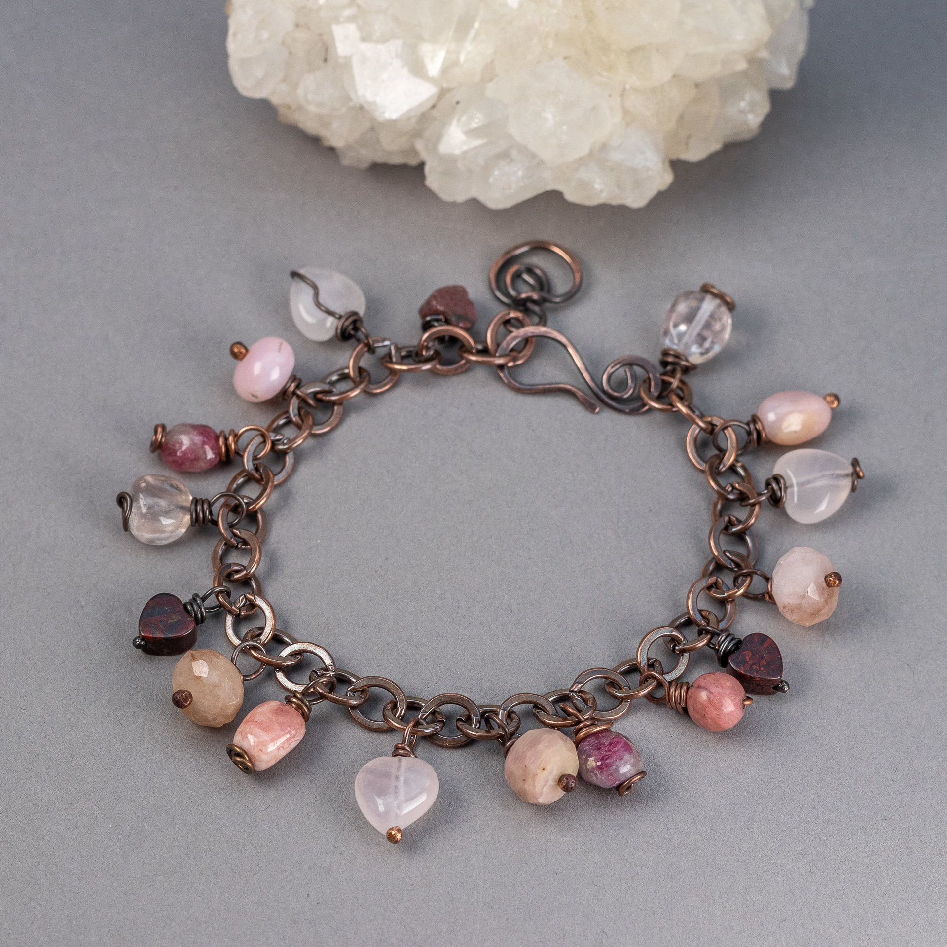 Red and Pink Natural Stone Charm Bracelet in Copper