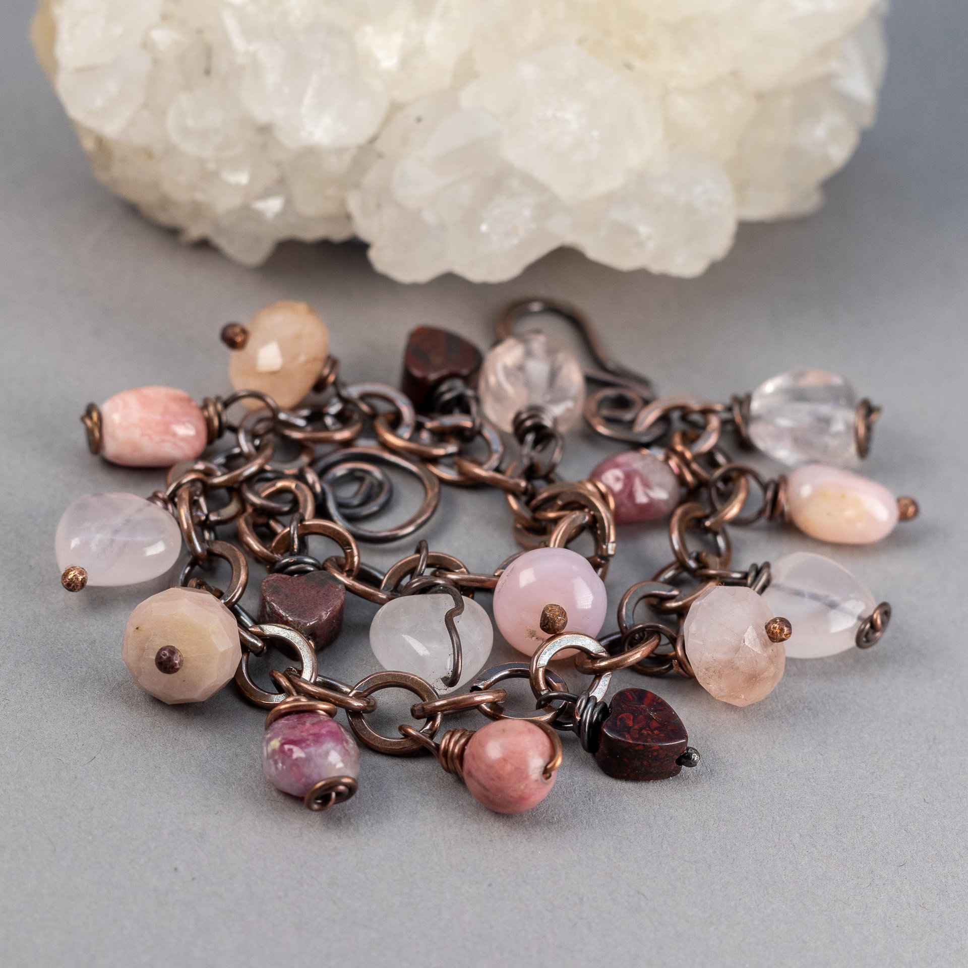 Red and Pink Natural Stone Charm Bracelet in Copper